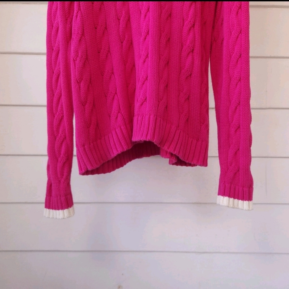 Lauren Ralph Lauren Vibrant Pink White Logo Monogram Cable Knit Sweater Sz XLT - Picture 2 of 3